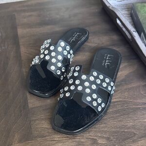 Nicole Miller Black Crystal-Embellished Slide Mules